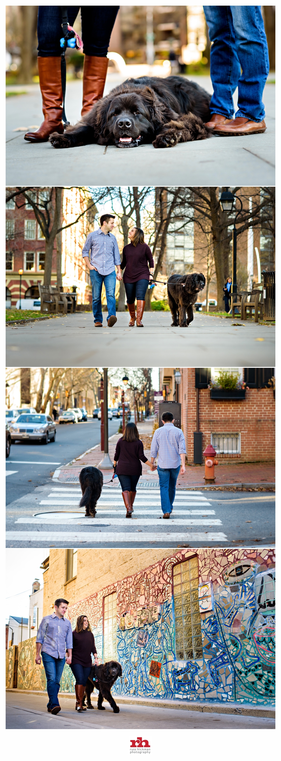 A couple walk their dog in Washington Square Park during their Philadelphia Engagement Session.